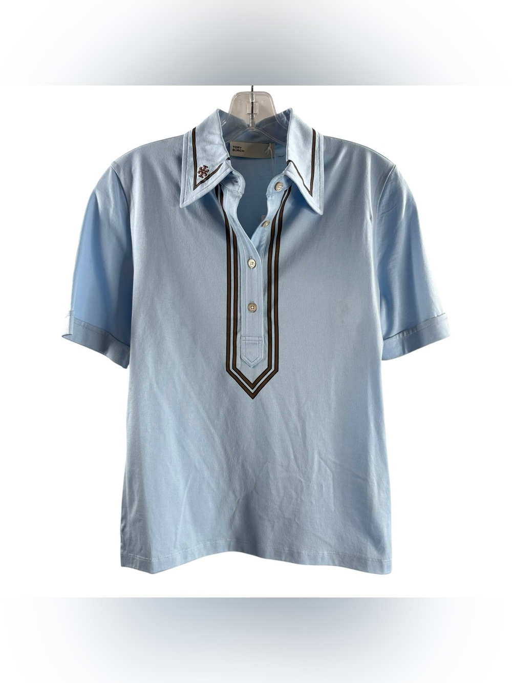 Tory Burch Retro Mercerized Light Blue Polo with Brown Contrast Trim NWT $158